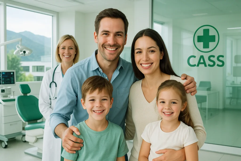 Family clinic CASS Smiling family with two children in a modern medical clinic, accompanied by a female doctor.