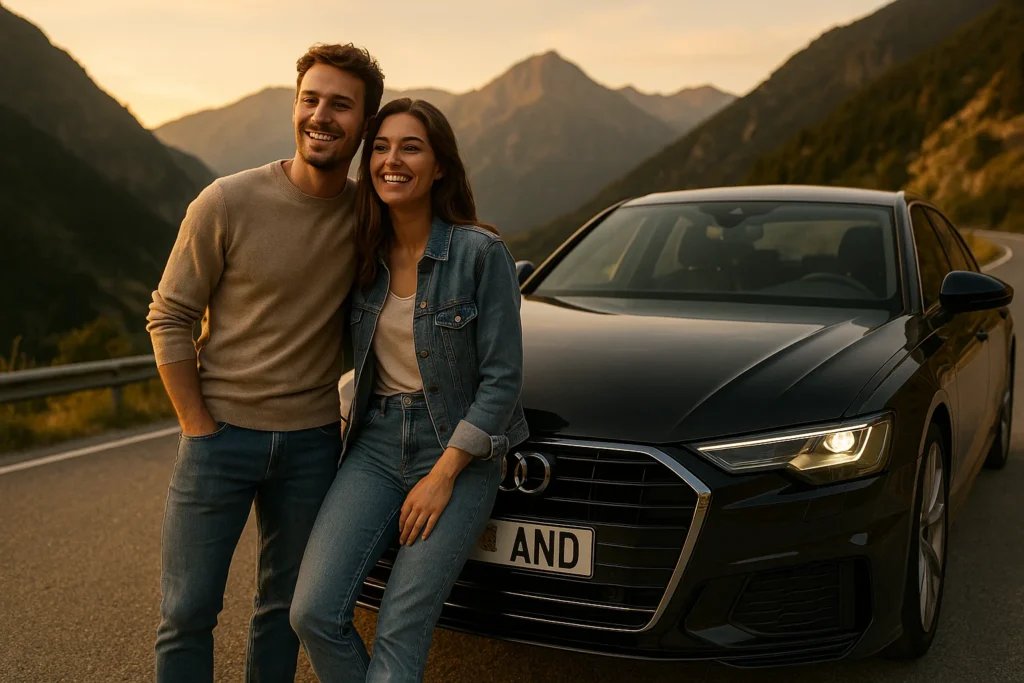 Disfrutar de tu coche importado en Andorra Pareja feliz junto a su coche de alta gama con matrícula de Andorra, disfrutando de las carreteras de montaña tras importarlo con éxito al Principado.