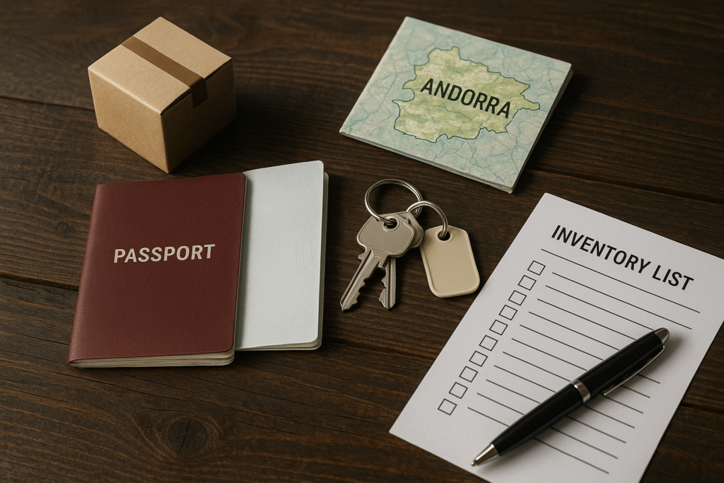 Planificación y Documentación para Mudanza a Andorra Elementos para planificar los trámites de una mudanza a Andorra: pasaporte, llaves y un checklist sobre una mesa de madera.