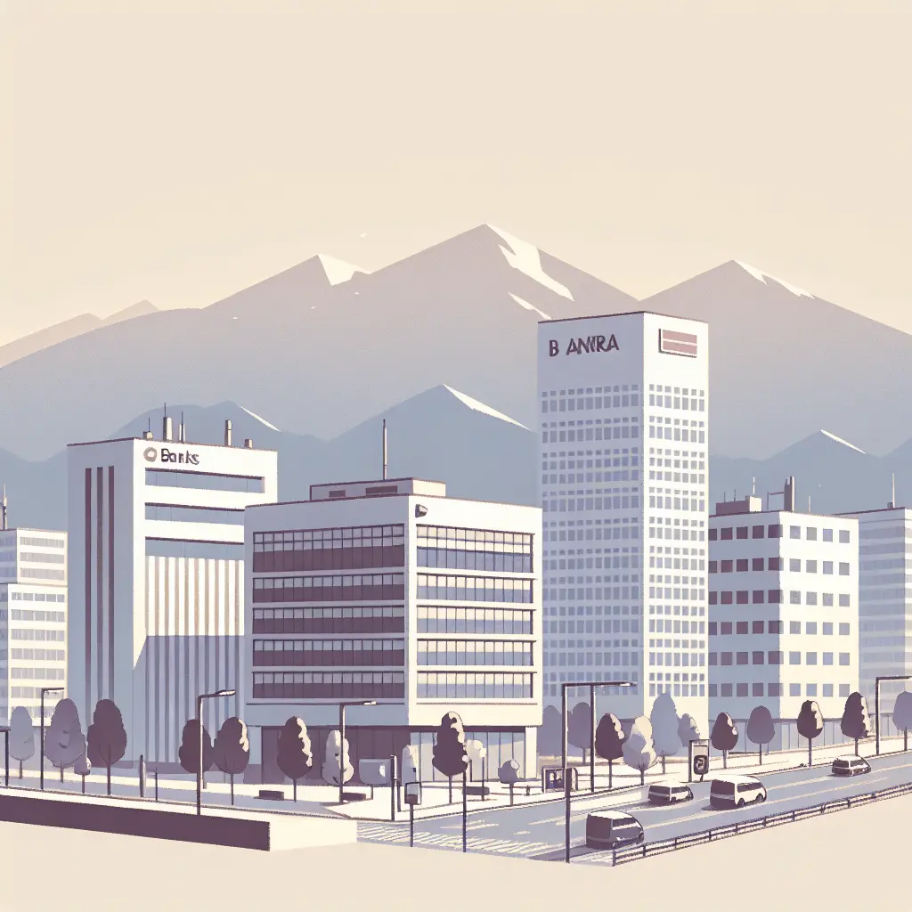 Paisaje urbano minimalista de Andorra en estilo anime, con edificios de oficinas y bancos de colores suaves, sin rostros humanos visibles. Ideal para ilustrar la adaptación de Andorra al régimen AML.