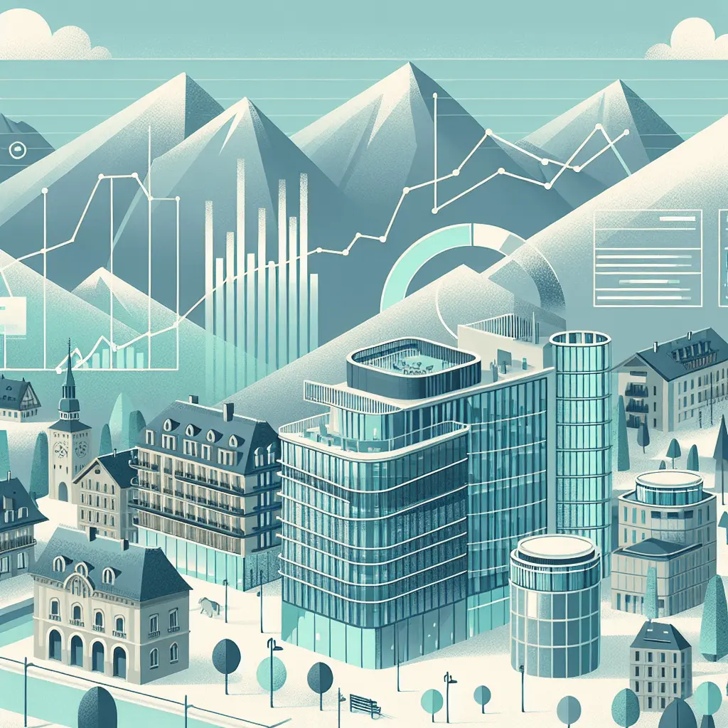 Ilustración anime minimalista de Andorra con montañas, edificios modernos y un banco. Gráficos de estabilidad financiera resaltan la solvencia de la banca andorrana, ideal para inversión y traslado.