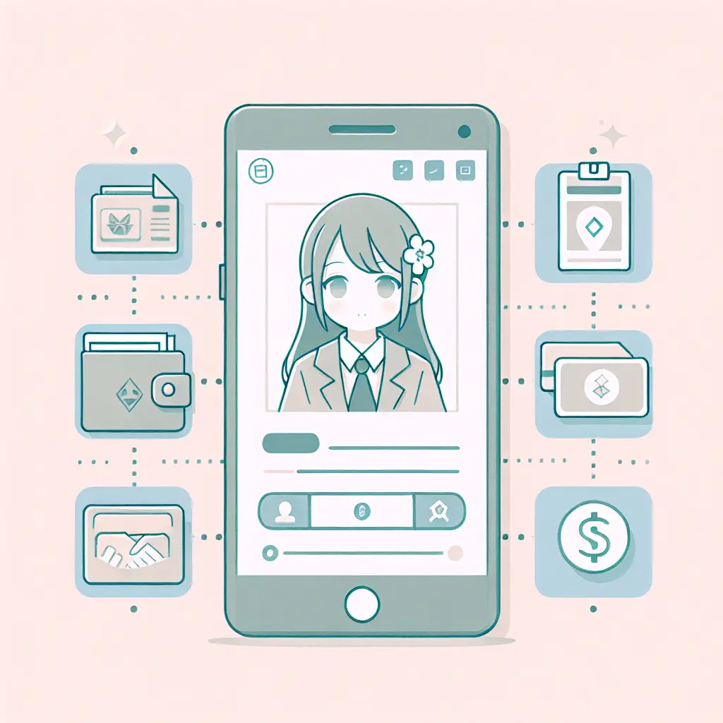 Ilustración estilo anime de un smartphone con una aplicación de cartera digital que muestra iconos de documentos y carnets sobre un fondo de colores suaves.
