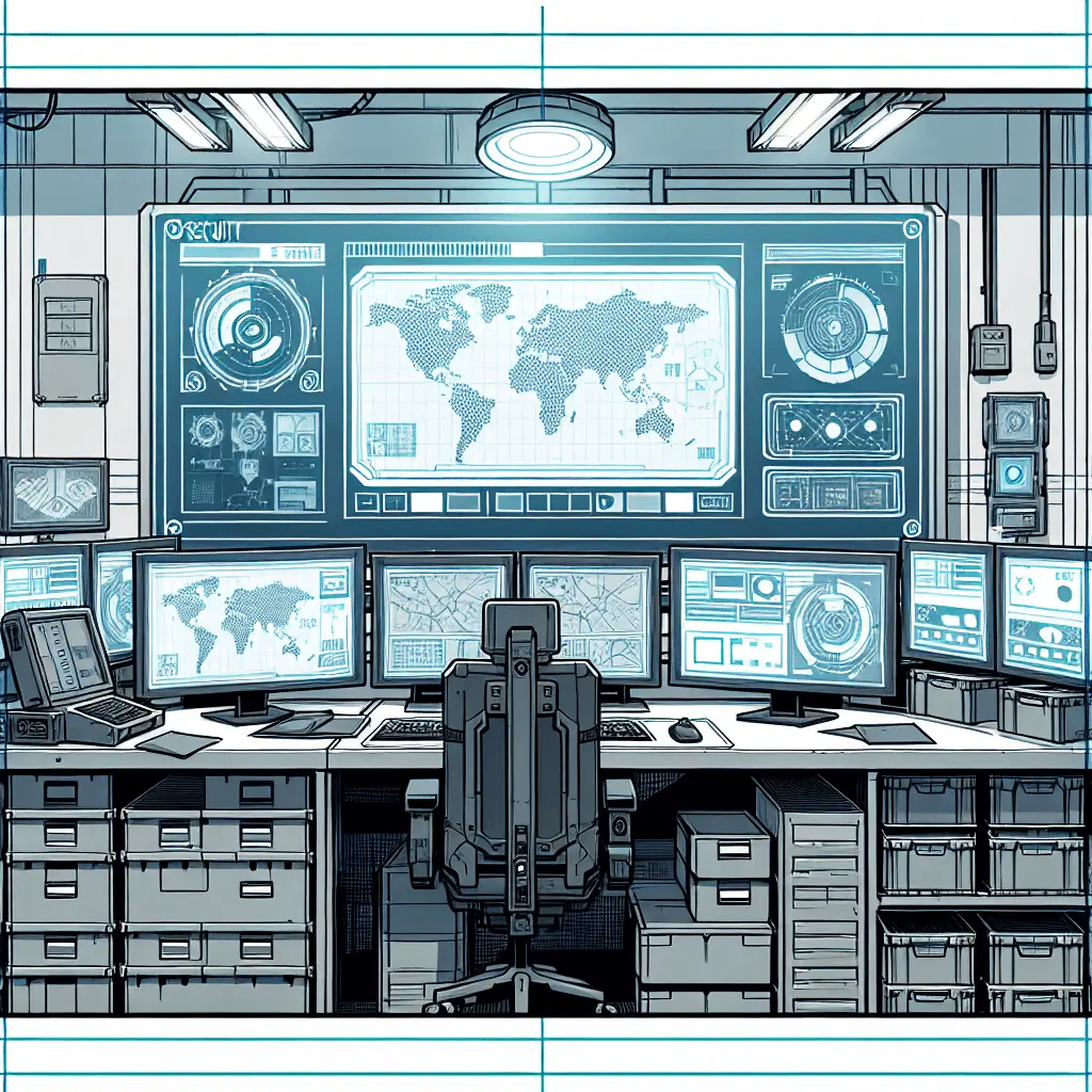Ilustración anime de un sistema de control fronterizo tecnológico con pantallas mostrando mapas y elementos de seguridad. La imagen, sin rostros visibles y en colores sobrios, representa la digitalización y modernización de los controles de entrada, relevante para las nuevas regulaciones en Andorra.