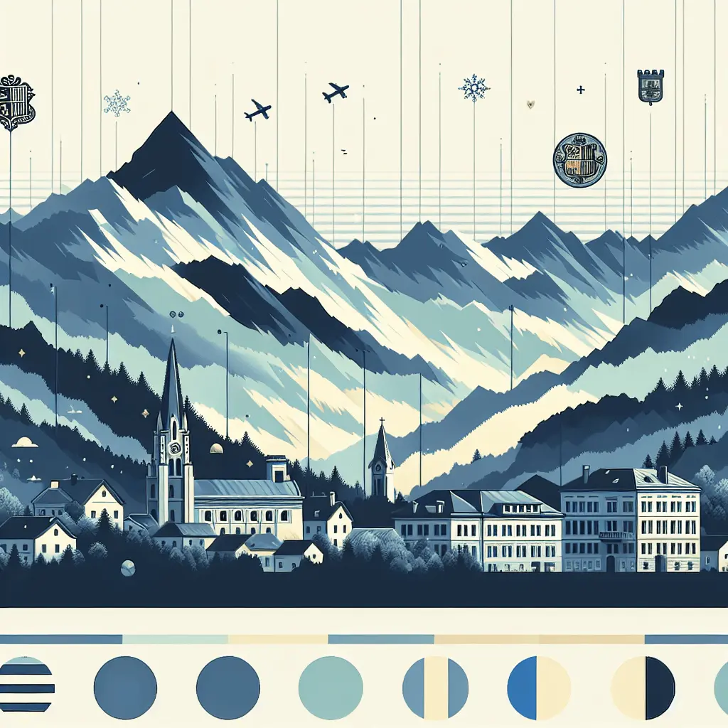 Ilustración vectorial estilo anime japonés de un paisaje montañoso minimalista con arquitectura europea, sutiles iconos de documentos fiscales y emblemas de las banderas de Andorra y Austria. Paleta de colores planos en azules, grises y toques dorados. Sin figuras humanas.
