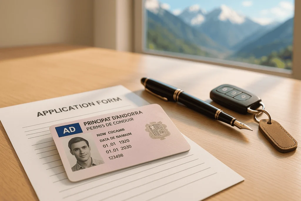 Escritorio con la documentación necesaria para la homologación del carnet de conducir en Andorra: un permiso andorrano, un formulario de solicitud oficial y unas llaves de coche.