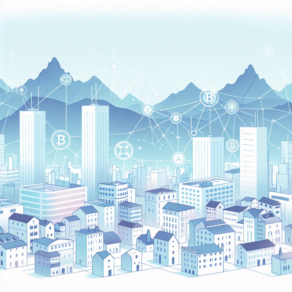 Ilustración minimalista estilo anime de un paisaje urbano de Andorra con montañas. Muestra edificios financieros estilizados y símbolos abstractos de datos y criptoactivos en tonos azul y blanco, reflejando el intercambio de información financiera.