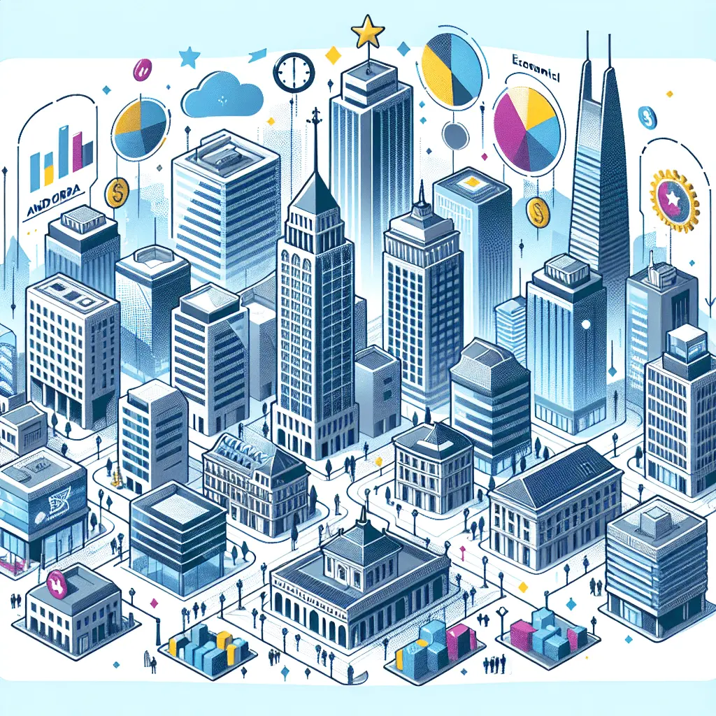 Ilustración estilo anime de un paisaje urbano financiero moderno de Andorra, con edificios empresariales y símbolos económicos, sin rostros visibles. Representa el atractivo para la inversión extranjera y el control riguroso en el principado.