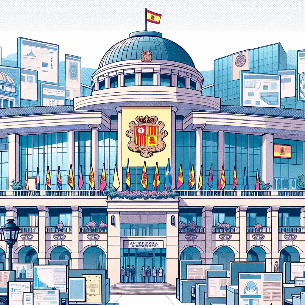 Ilustración anime japonesa de un entorno administrativo moderno en Andorra, con documentos oficiales y símbolos administrativos, representando el Reglamento del Servicio de Inmigración y sus requisitos actualizados, sin rostros.