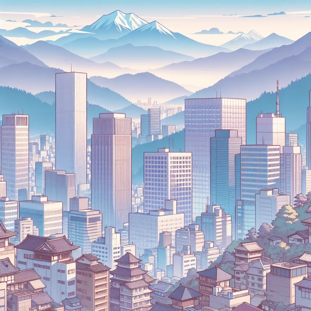 Ilustración estilo anime japonés de un moderno paisaje urbano montañoso con edificios financieros prósperos y seguros, sin figuras humanas, en tonos suaves.