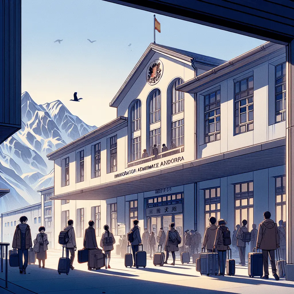 Ilustración anime de un edificio de inmigración en Andorra con montañas, personas con maletas y documentos.