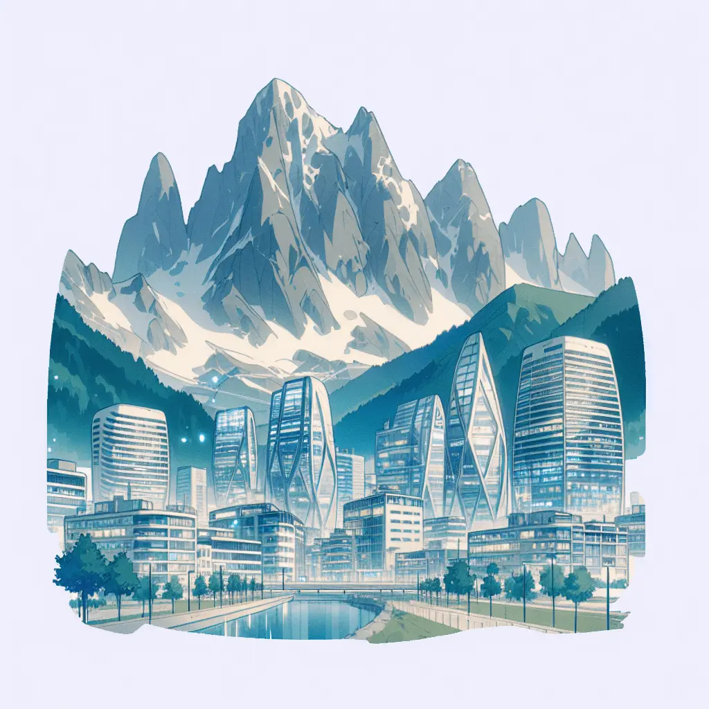 Ilustración estilo anime de Andorra, con edificios modernos y elegantes entre montañas, insinuando un próspero centro de negocios.