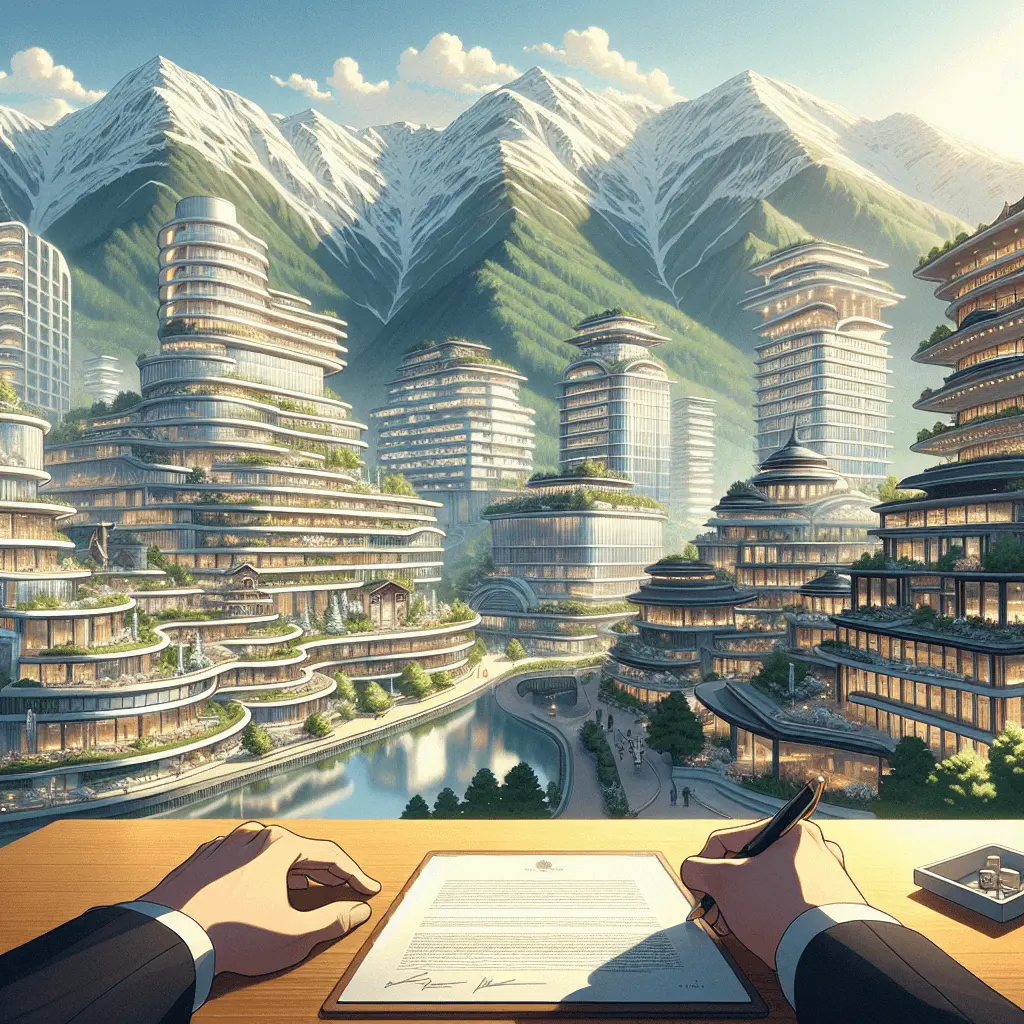Mano anónima firmando documento en escritorio de lujo, con fondo panorámico de montañas de Andorra y edificios modernos estilo Ghibli bajo un cielo soleado.