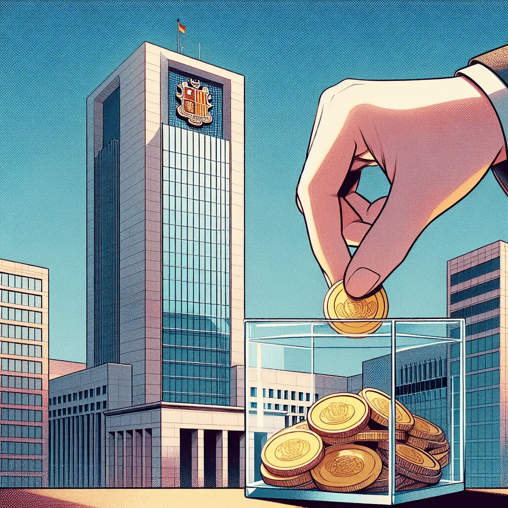 Ilustración anime de una mano depositando monedas de oro en una urna, frente a un edificio gubernamental moderno en Andorra con el logo AFA. Simboliza un depósito de 50.000 euros, de fianza a fondo perdido.