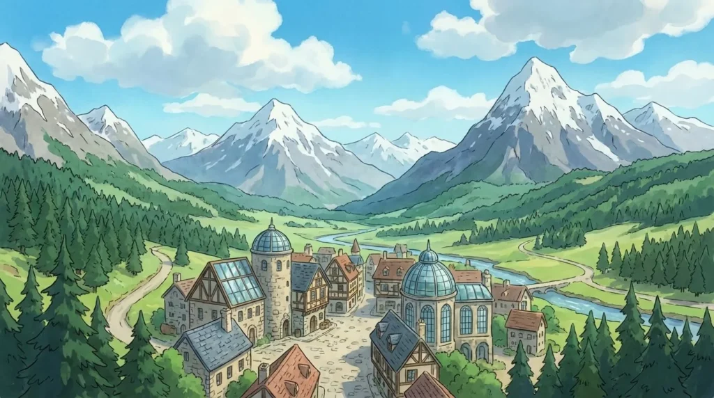 Vista panorámica de un valle alpino estilo Ghibli, con picos montañosos, una pequeña ciudad europea moderna de arquitectura de piedra y cristal, bosques de pinos verdes y un cielo azul con nubes blancas bajo luz matinal.