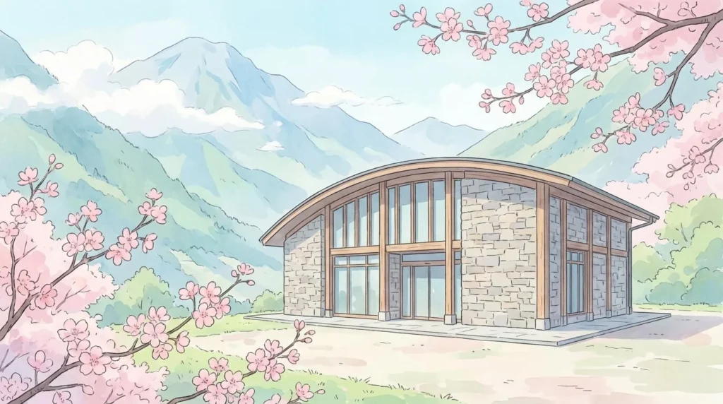 Edificio bancario moderno y minimalista en las montañas de Andorra, estilo anime Ghibli con colores pastel y cerezos en flor. Sin personas, gran angular.