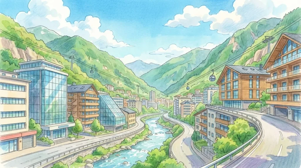 Vista panorámica de Andorra la Vella con edificios modernos y montañas, estilo anime Ghibli, cielo despejado.