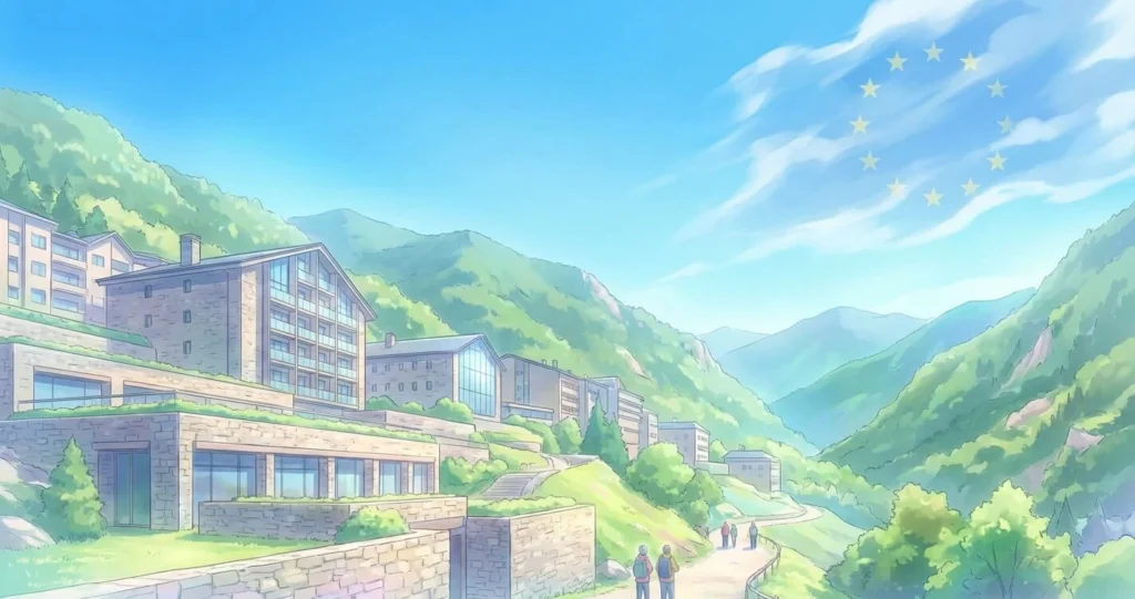 Paisaje de Andorra en estilo anime, montañas, arquitectura moderna, bandera de la UE en nubes, cielo brillante y optimista.