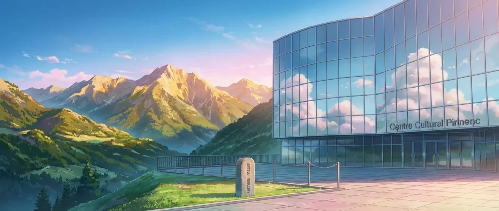 Vista panorámica de las montañas de los Pirineos en la frontera entre Andorra y Francia, con un edificio moderno de cristal que refleja nubes suaves, en un estilo de anime japonés similar a Makoto Shinkai. Colores vibrantes y relajantes, sin figuras humanas.