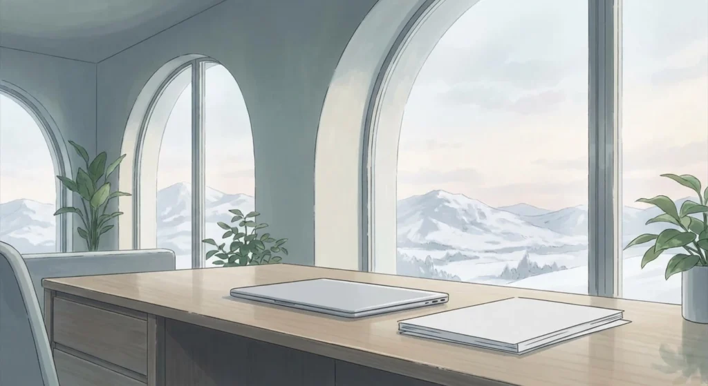 Un estudio moderno de estilo anime japonés, sereno y de alta tecnología, con una gran ventana que da a los nevados Pirineos. En el escritorio hay documentos financieros limpios y un portátil elegante, sin personas. Iluminación suave de día, ambiente minimalista y tranquilo.