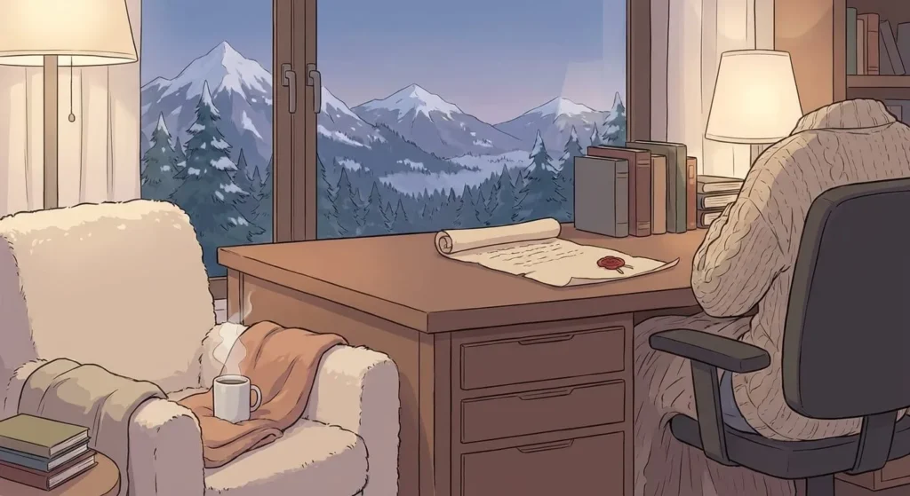 Interior de un apartamento moderno y acogedor en las montañas de Andorra con un escritorio de madera, un documento legal y vistas a picos nevados.