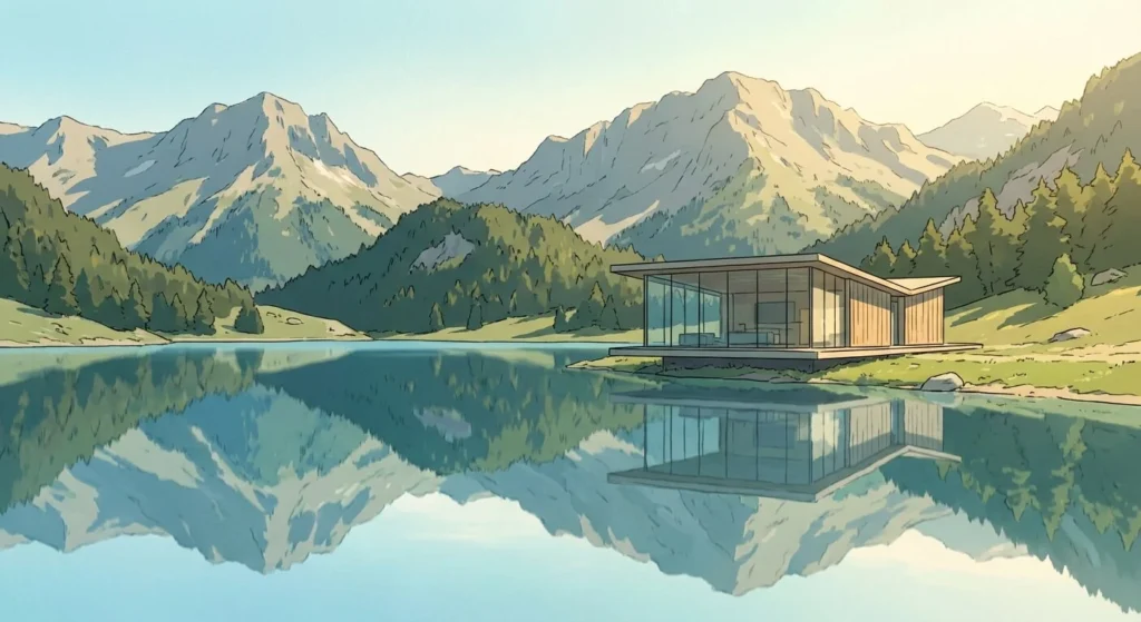 Ilustración estilo anime japonés de un paisaje sereno en los Pirineos, con un edificio moderno y minimalista reflejándose en un lago cristalino. Sin personas.