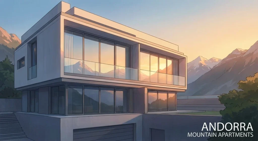 Ilustración anime de un edificio de apartamentos moderno y minimalista en las montañas de Andorra al atardecer, con grandes ventanales que reflejan el cielo despejado. No hay personas.
