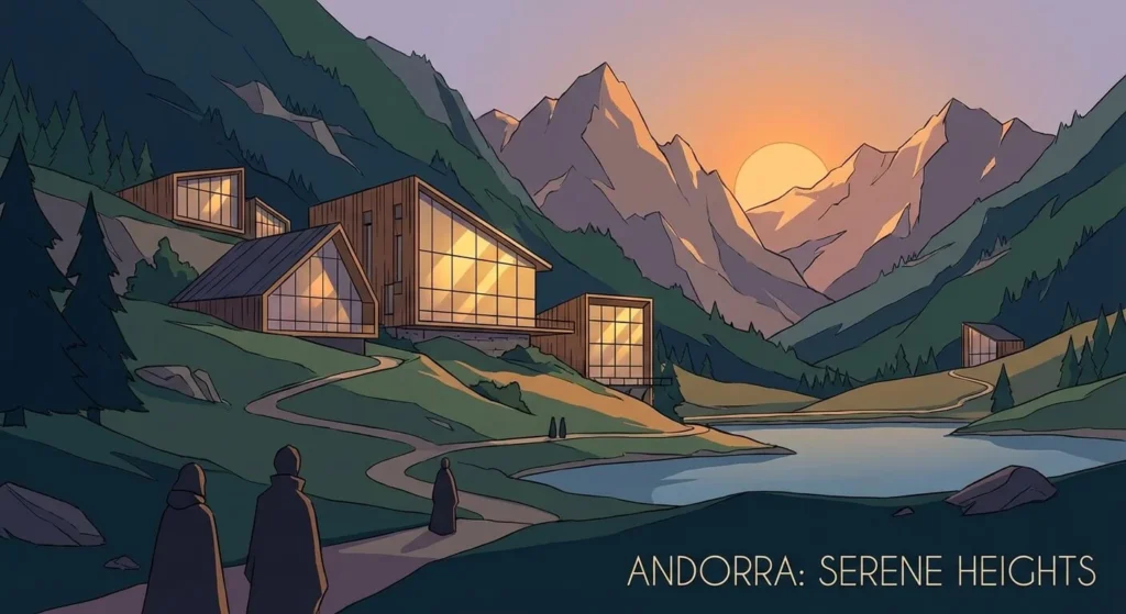 Ilustración anime de un paisaje montañoso sereno en Andorra con arquitectura moderna de cristal reflejando el atardecer.