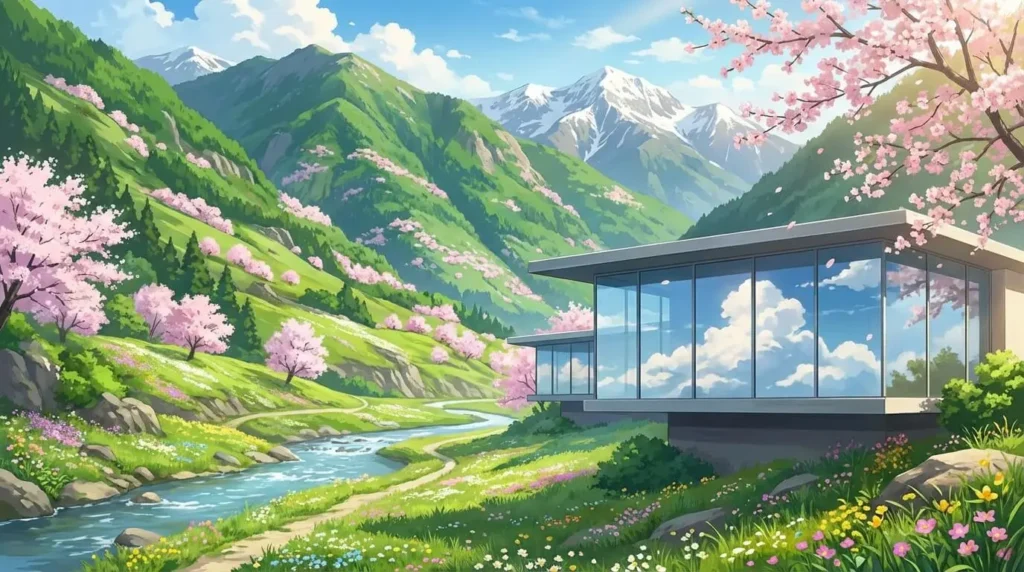 Paisaje primaveral de los Pirineos andorranos al estilo anime japonés con un edificio moderno de cristal reflejando el cielo. Colores vibrantes, luz suave. Sin personas.