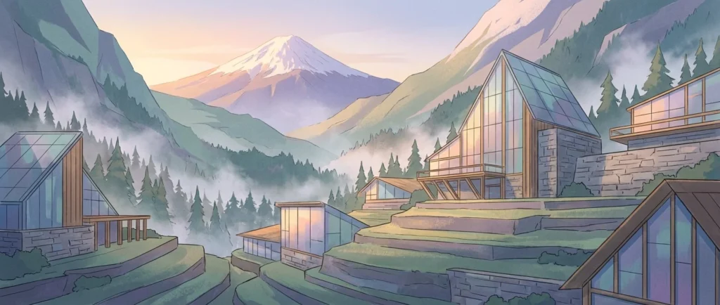 Vista panorámica de un valle montañoso moderno con arquitectura limpia de cristal y piedra en Andorra, bañado por los colores suaves de un amanecer estilo anime japonés. La escena no incluye personas.