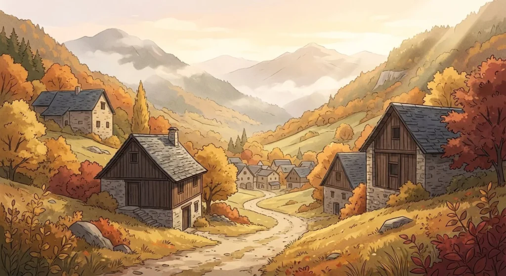 Paisaje sereno de los Pirineos andorranos en otoño, con casas tradicionales de piedra y madera en un valle exuberante. Estilo anime, colores cálidos.