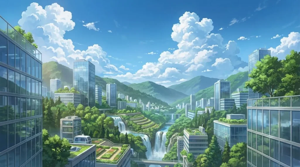 Vista panorámica de un valle montañoso moderno con edificios de cristal integrados en la naturaleza, estilo anime japonés Makoto Shinkai, bajo cielos claros y detallados, sin rostros humanos, transmitiendo un ambiente profesional y tranquilo.
