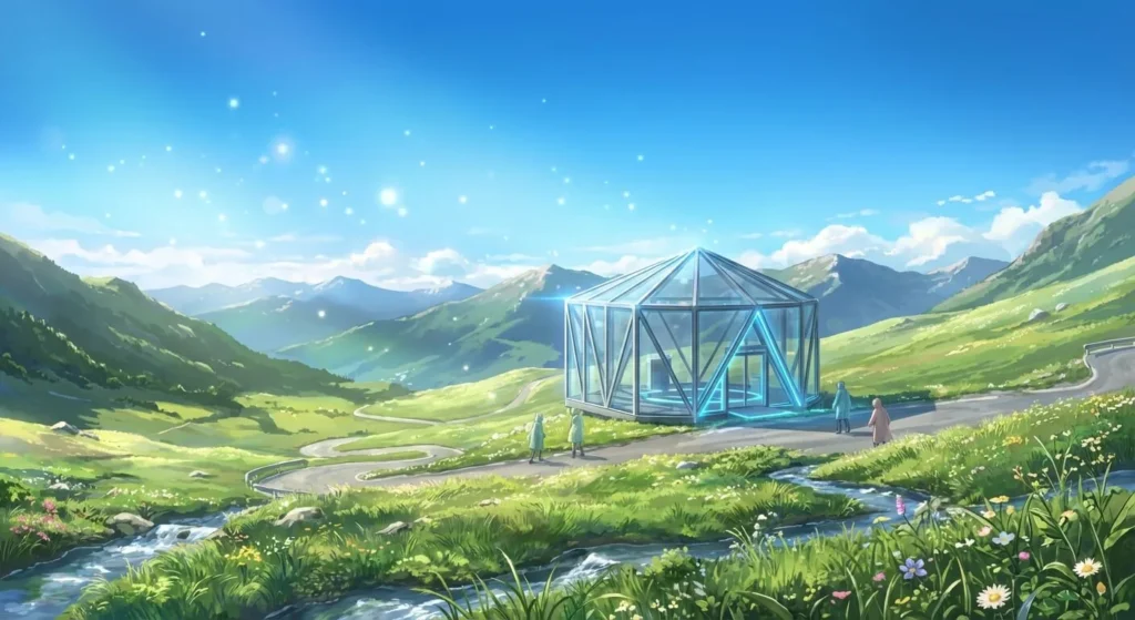 Un paisaje montañoso de los Pirineos andorranos en estilo anime Makoto Shinkai. Destaca una estructura fronteriza de cristal minimalista bajo un cielo azul vibrante, valles verdes exuberantes y luz solar brillante, simbolizando el nuevo control de seguridad. Sin caras humanas.
