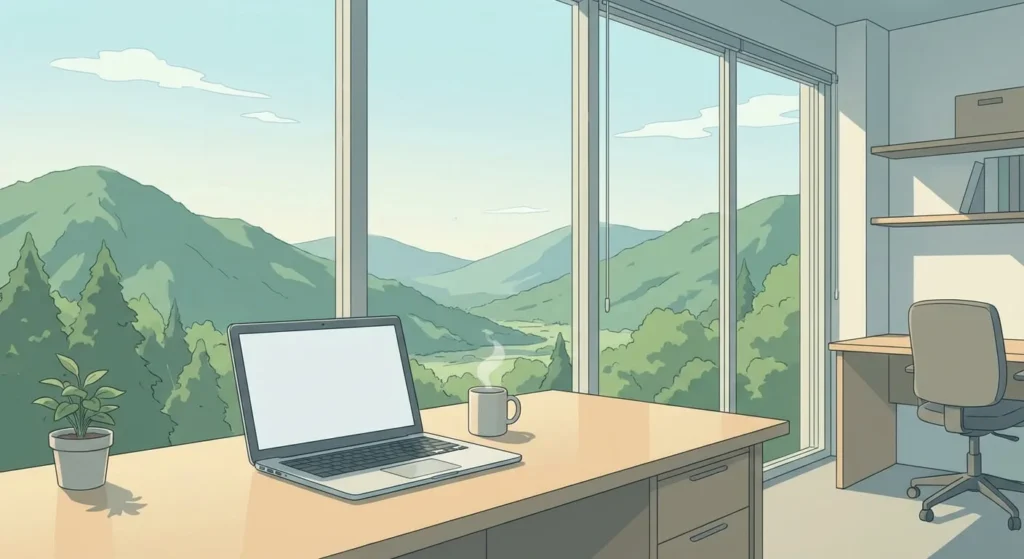 Una oficina moderna y serena con estética de anime japonés, con una gran ventana que da a las exuberantes montañas verdes de Andorra bajo un cielo despejado. Sobre un escritorio limpio hay un portátil y una taza de café, con iluminación suave y colores planos. No hay rostros humanos visibles, transmitiendo una atmósfera profesional y pacífica.