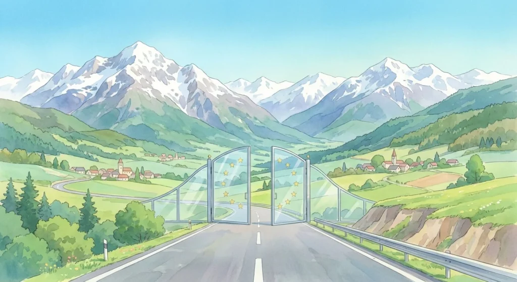 Ilustración estilo Studio Ghibli de los Pirineos: picos nevados, valles verdes, carretera serpenteante y una puerta de cristal con estrellas bajo un cielo brillante, simbolizando la apertura de fronteras. Optimizado para web.