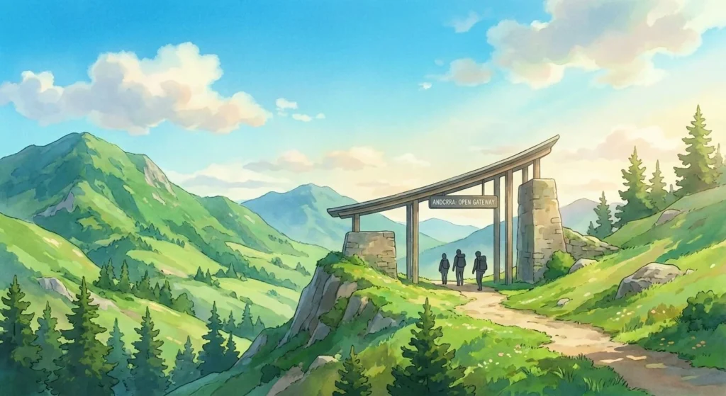 Ilustración estilo Studio Ghibli de las montañas de Andorra con una estructura arquitectónica moderna que simboliza una frontera abierta bajo un cielo azul claro y valles verdes.