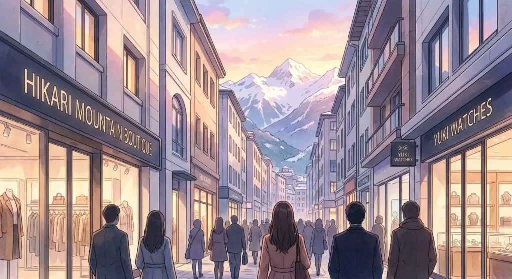 Calle comercial de lujo en Andorra la Vella con escaparates elegantes y montañas nevadas, estilo anime. Sin personas visibles.