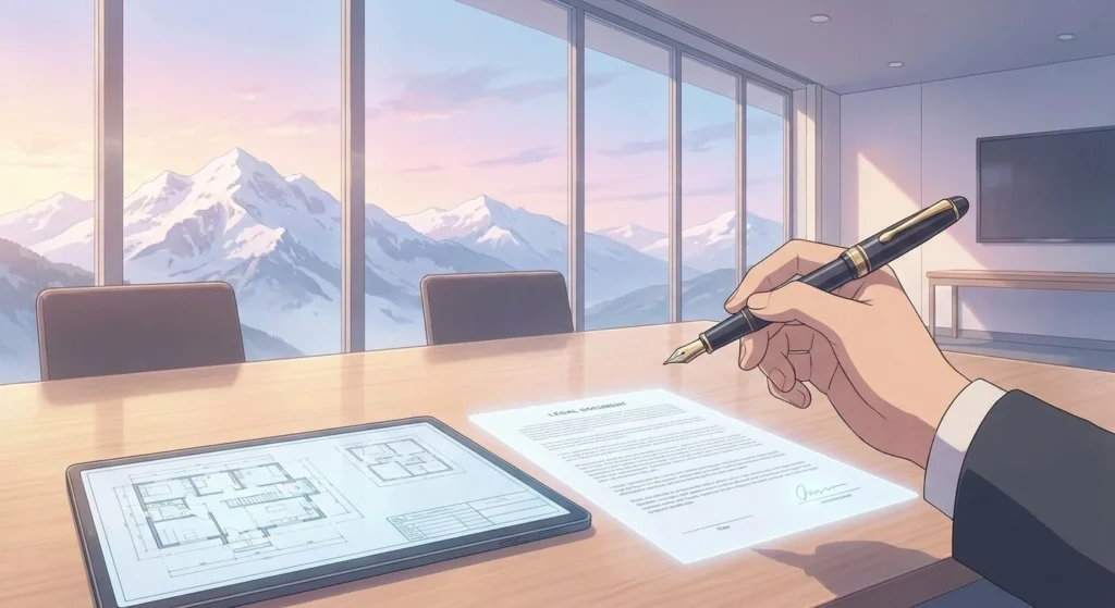 Mano con pluma sobre tableta digital en oficina moderna con vista a los Pirineos nevados, mostrando planos arquitectónicos y documentos legales.
