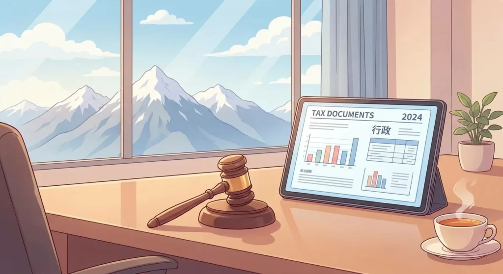 Escritorio moderno y minimalista con mazo de abogado y tablet mostrando documentos fiscales del Modelo 720. Ventana con vistas a los Pirineos nevados, estilo anime japonés.