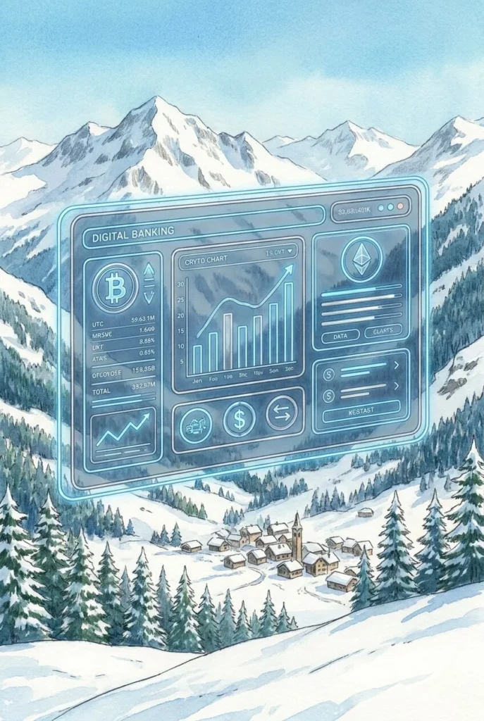 Interfaz bancaria digital futurista estilo Studio Ghibli, con luces de neón azules y plateadas de datos de criptomonedas, flotando sobre un paisaje nevado de las montañas de Andorra. Composición limpia y sin rostros humanos.