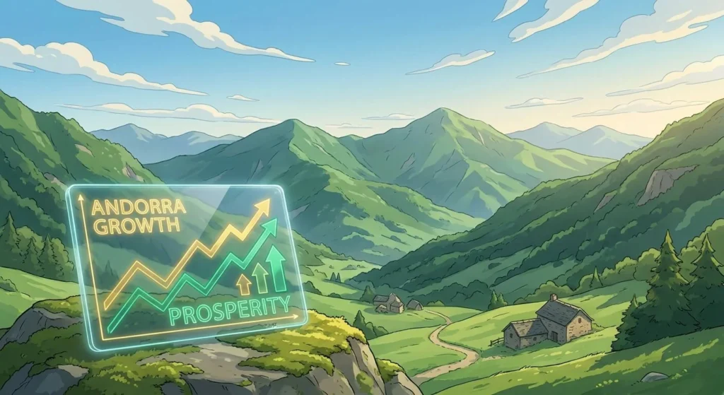 Paisaje de Andorra al estilo anime de Makoto Shinkai con montañas verdes y cielo azul. En primer plano, una tableta digital muestra gráficos de crecimiento económico en oro y verde, sin rostros visibles.
