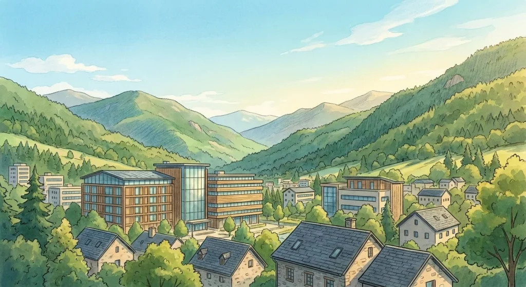 Paisaje panorámico estilo anime Ghibli de Andorra la Vella. Muestra edificios administrativos modernos y casas de tejado de pizarra en un valle verde, rodeado por las montañas de los Pirineos. Amanecer suave, cielo azul, sin personas.