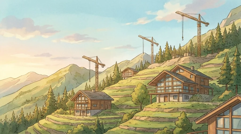 Ilustración estilo anime Ghibli de chalets modernos y grúas en los Pirineos verdes bajo un cielo azul suave y luz cálida de tarde.