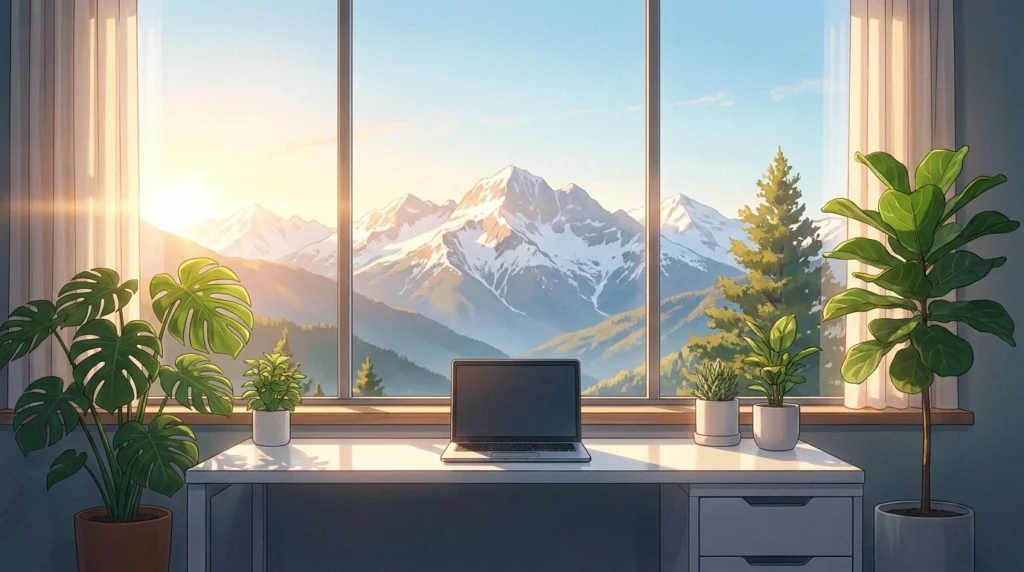 Oficina de diseño minimalista y moderno estilo anime Makoto Shinkai, con gran ventanal que muestra los picos nevados de Andorra. La luz solar cálida se filtra sobre plantas detalladas y un escritorio con un portátil.
