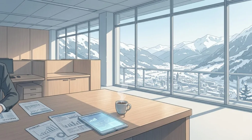 Ilustración anime 16:9 de una oficina minimalista y de alta tecnología en Andorra la Vella, con elementos de madera y grandes ventanales que muestran los Pirineos nevados. Un escritorio con documentos financieros, una tablet moderna y una taza de café humeante. Sin rostros humanos.