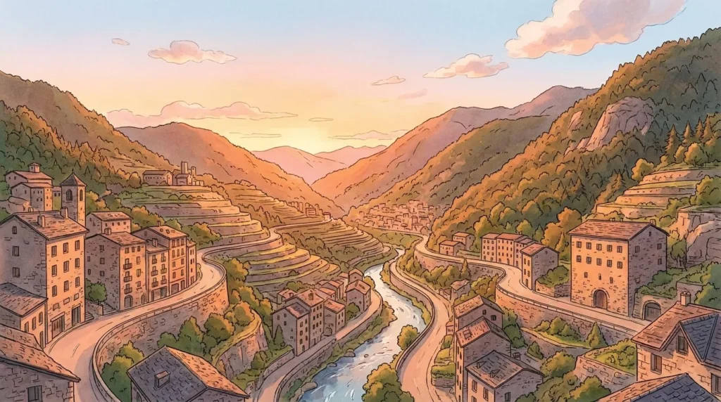 Ilustración panorámica del valle de Andorra la Vella en estilo anime Ghibli moderno, con luz cálida de atardecer, cielo claro y nubes suaves, sin rostros.