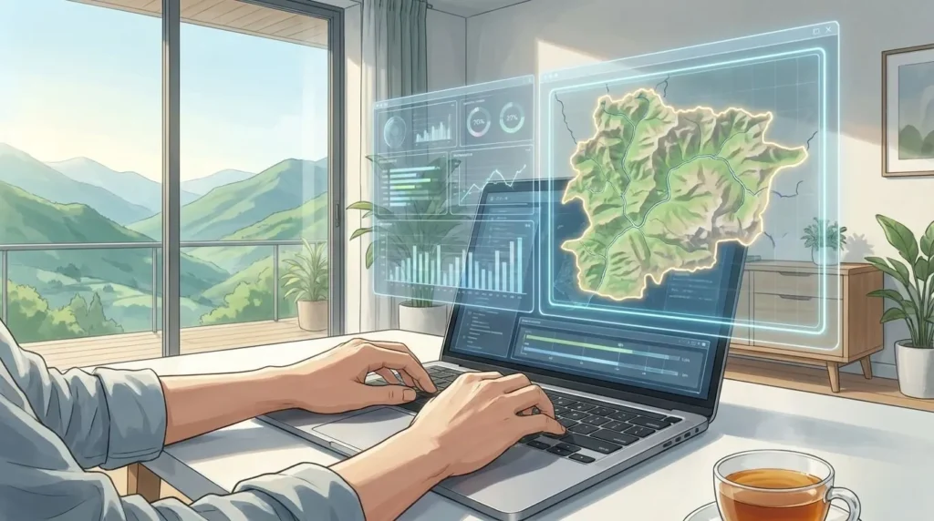 Ilustración artística estilo anime japonés de un elegante espacio de trabajo. Pantallas holográficas digitales muestran datos de negocios y mapas de Andorra. Manos escriben en un portátil metálico. Luz natural suave entra por una ventana con vistas a las montañas Pirineos.