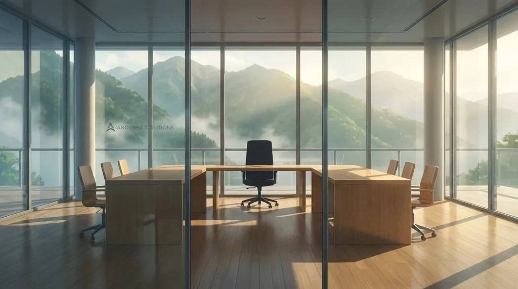 Una sala de reuniones moderna y minimalista en Andorra, con madera de roble claro y paredes de cristal que miran a los picos brumosos de los Pirineos. Una silla de cuero vacía en primer plano. Estilo anime cinematográfico de Makoto Shinkai.
