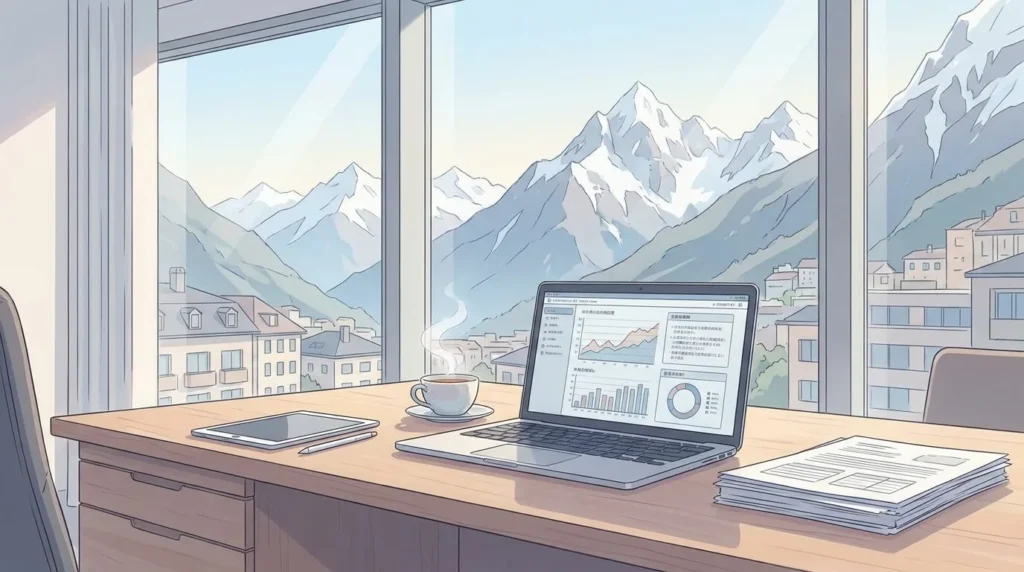 Ilustración estilo anime de un escritorio corporativo minimalista en Andorra la Vella, con un portátil mostrando estadísticas financieras, una taza de té humeante, una tablet y documentos. De fondo, los Pirineos nevados bajo el sol matutino.