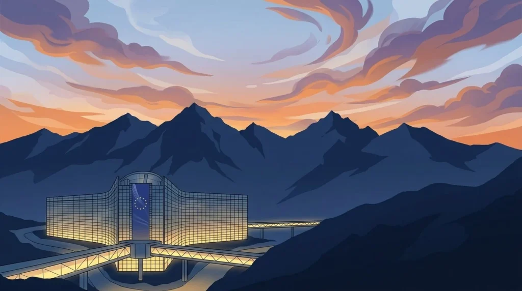 Ilustración anime panorámica: silueta estilizada de los Pirineos unida a un edificio moderno que representa la integración europea, bajo un cielo vibrante con nubes suaves.