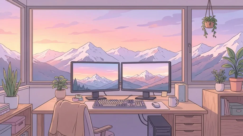 Oficina moderna y minimalista en Andorra con vistas panorámicas a los Pirineos al atardecer, estilo anime.